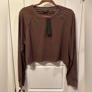 Mono B Sheer Striped Brown Cropped Tee L